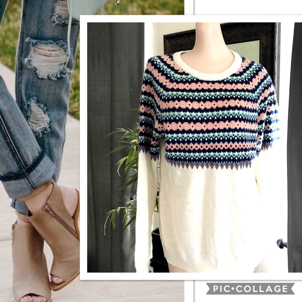 Rue21 Cream Knit Coral/Turquoise/Navy Sweater